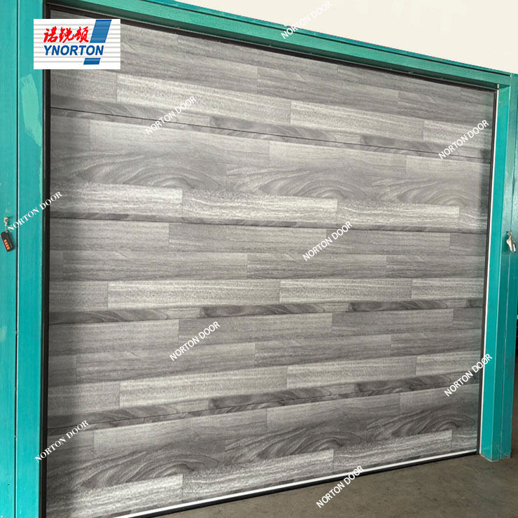 Gray and wood tone combination garage door